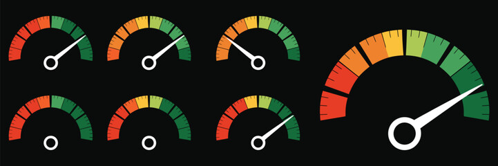 Colorful gauge meter indicator showing progress from empty to full, vector illustration for business analytics, technology dashboards, risk management, and quality performance measurement.