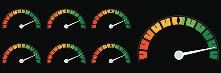 Colorful gauge meter indicator showing progress from empty to full, vector illustration for business analytics, technology dashboards, risk management, and quality performance measurement.
