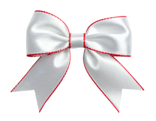 Isolated close-up of a white satin bow with red trim, on a transparent background
