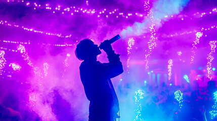 Silhouette of singer performing on stage with vibrant purple and blue lights, smoke, and illuminated decorations creating energetic concert atmosphere