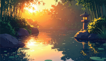 Golden bamboo river sunset with lantern for spa hero banners. Warm zen waterscape ideal for luxury wellness brand visuals. Peaceful oriental stream background perfect for meditation ads