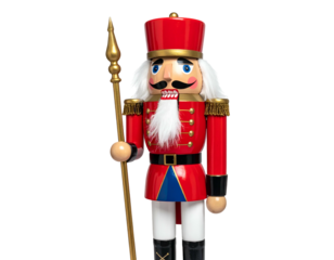 A festive wooden nutcracker soldier in a bright red uniform, holding a golden spear