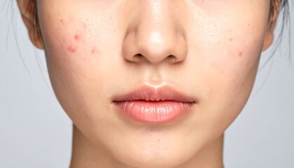 Close-up of a fair-skinned face with acne and skin imperfections against a plain gray backdrop in natural light