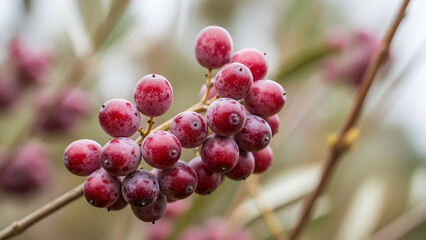 Vibrant red berries with a frosted appearance clustered on a branch, showcasing nature's beauty in autumn.