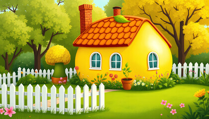 Lemon-shaped house with a small garden and white picket fence, bright and playful, children&rsquo;s book illustration style