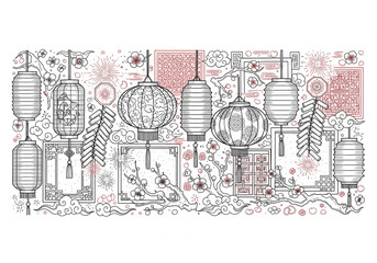 Hand Drawn Chinese New Year Elements Pattern on White Background