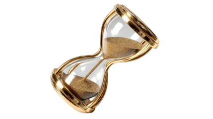 3D elegant hourglass tilted slightly, golden frame glowing softly, isolated on a Transparent background, PNG file.