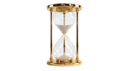 3D elegant hourglass tilted slightly, golden frame glowing softly, isolated on a Transparent background, PNG file.