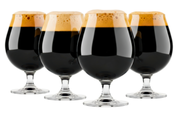 Five glass goblets filled with dark stout beer and thick foam isolated on transparent background