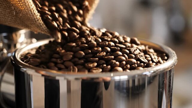A pile of fresh roasted dark whole coffee beans are slowly poured into the shiny silver hopper of a professional grinding machine equipment, raw material, espresso