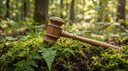 Wooden judge gavel lying on green moss in a forest. Concept of environmental law, nature protection and ecological justice. Legal system defending the planet against climate change.