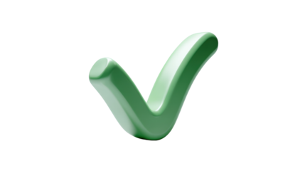 3D green check mark floating slightly above a soft shadow for modern design isolated on a Transparent background, PNG file.