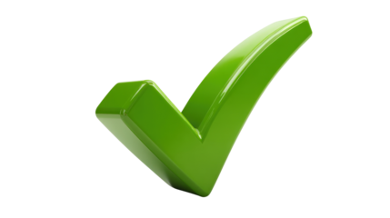 3D green check mark floating slightly above a soft shadow for modern design isolated on a Transparent background, PNG file.