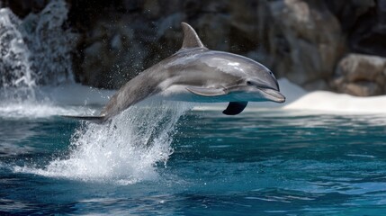 Obraz premium Dolphin Leaping Out of Clear Blue Water Creating Splash of Joy