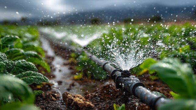 Agricultural irrigation system sprays water over green crops in field with frozen droplets amidst lush greenery under overcast sky.