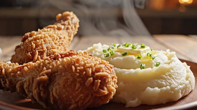 A perfectly cooked golden-brown fried chicken drumstick resting beside creamy mashed potatoes on a rustic wooden table with gentle steam rising into the air rustic, drumstick, comfortfood