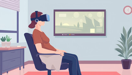 Illustration of rehabilitation therapy using VR headset, patient sitting on chair while interacting with virtual environment 2