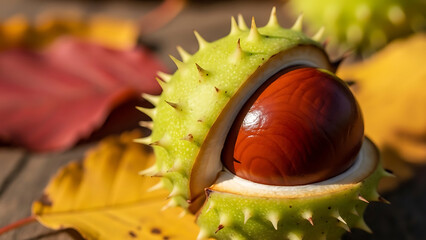 Vibrant close-up of a horse chestnut in its spiky green husk, surrounded by colorful autumn leaves