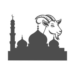 Eid al-Adha celebration illustration with mosque and goat