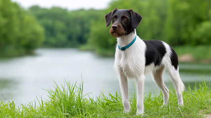 Alert black and white dog standing on grassy riverbank surrounded by lush forest