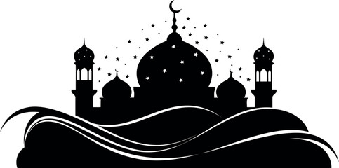Islamic mosque silhouette vector illustration with stars and crescent moon isolated on transparent background