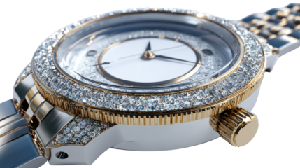 3D luxury wristwatch icon with diamond-encrusted bezel, clean white backdrop isolated on a Transparent background, PNG file.