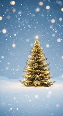 A beautifully illuminated christmas tree stands in a snowy winter landscape with soft bokeh lights