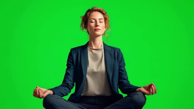 Young businesswoman meditating on empty green screen, office employee taking break chroma key, practicing mindfulness, meditating during her workday to managing stress and improve focus, relieving 