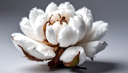 Close-up of a fluffy, white cotton boll with brown, textured details against a light gray gradient background