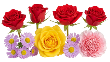 Vibrant bouquet of roses and daisies isolated on white background