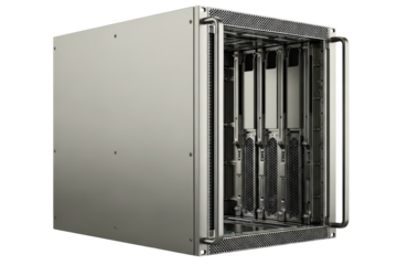 Silver metal computer server rack chassis with open front bays isolated on transparent background