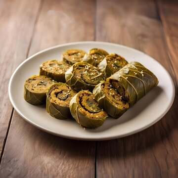 Traditional Indian Patra Colocasia Leaf Rolls Rustic Food