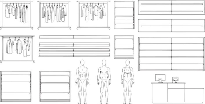 A minimalist outline of a clothing store display, with racks of apparel, shelves, and mannequins, provides a unique perspective on retail design.