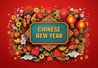 Festive Chinese New Year Illustration with Red Envelopes and Lanterns on Red Background