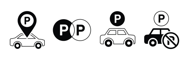 Find parking spot car parking location sign and no parking icon, road navigation symbols, traffic control, urban transport, and safety illustration.