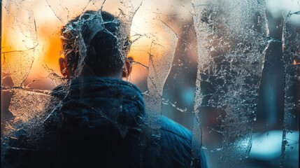 A man standing behind a fogged and fractured glass pane, representing themes of mental health struggles and emotional distress.