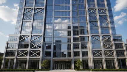 A modern glass skyscraper with a sleek facade and steel windows reflects the bright blue sky above the urban downtown architecture of a new Moscow business office tower
