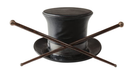 3D render of magician hat and wand crossed in front, elegant icon concept on white isolated on a Transparent background, PNG file.