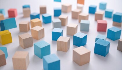 "Show small wooden cubes in random arrangement on flat surface, painted in blue, beige, yellow, red, and pink."