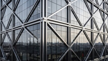 A futuristic steel and glass bridge spans the river toward a city skyline of urban architecture and skyscraper towers under a blue sky