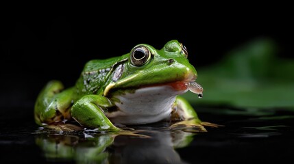Obraz premium Close-up of a Green Frog in Water with Reflection and Dark Background