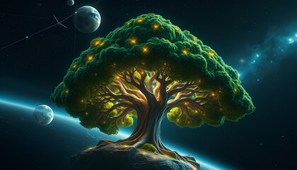 Interstellar colony built around a giant tree in space, glowing leaves producing oxygen, sustainable technology integrated into its roots 2