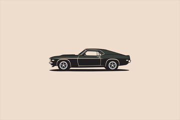 Side view illustration of a classic black muscle car on a clean pastel background. Minimal flat vector design representing vintage automobile, retro style, and automotive culture. Vector illustration.