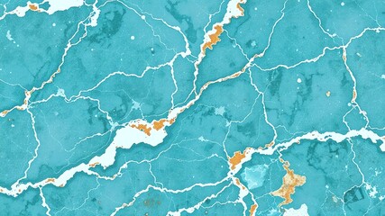 Abstract teal pattern with white cracks, resembling luxurious marble or a frozen aquascape. Subtle golden accents enhance this elegant background for modern design