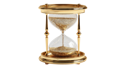 3D render of polished hourglass with golden frame and sand pouring, isolated on a Transparent background, PNG file.