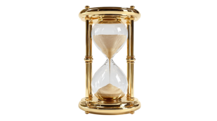 3D render of polished hourglass with golden frame and sand pouring, isolated on a Transparent background, PNG file.