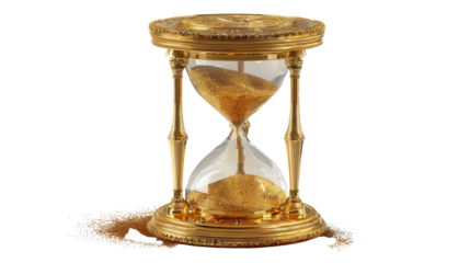 3D render of polished hourglass with golden frame and sand pouring, isolated on a Transparent background, PNG file.