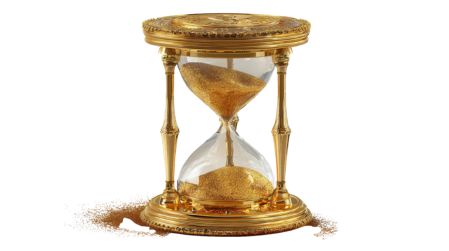 3D render of polished hourglass with golden frame and sand pouring, isolated on a Transparent background, PNG file. - Powered by Adobe