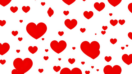 A whimsical pattern of red hearts on a white background