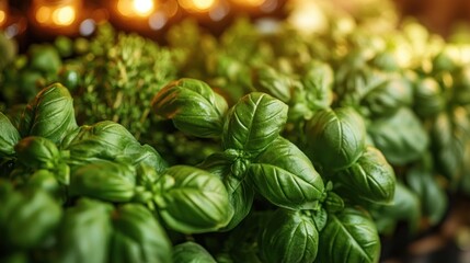 Close-up of vibrant basil leaves with other herbs and blurred golden light
